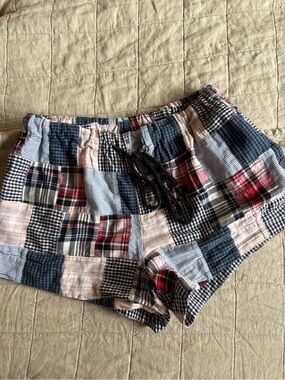 THE GREAT. Patchwork Plaid Drawstring Shorts - Blue, Red, Cream